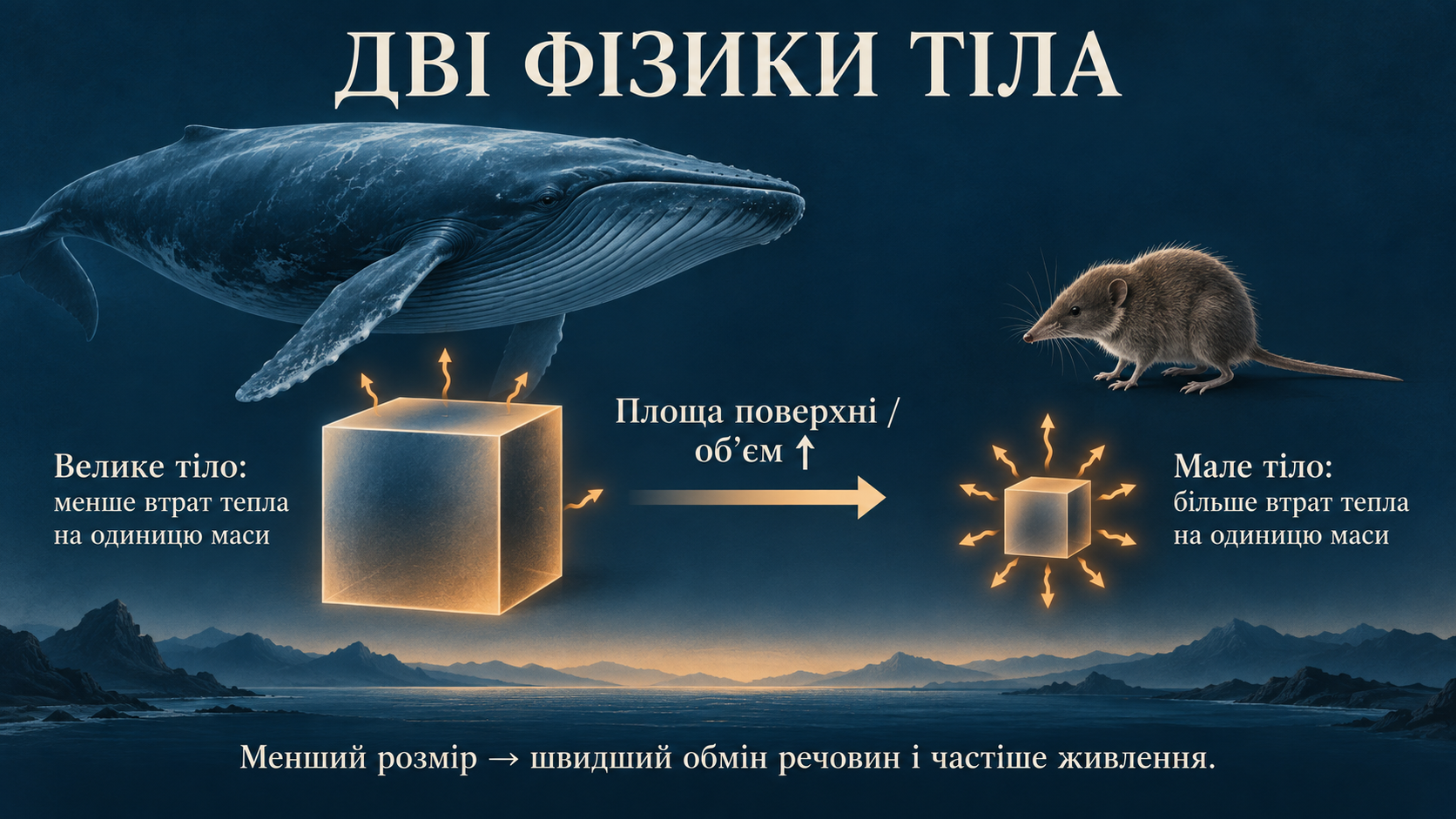 Як співвідношення площі поверхні до об’єму впливає на тепловтрати великих і малих ссавців